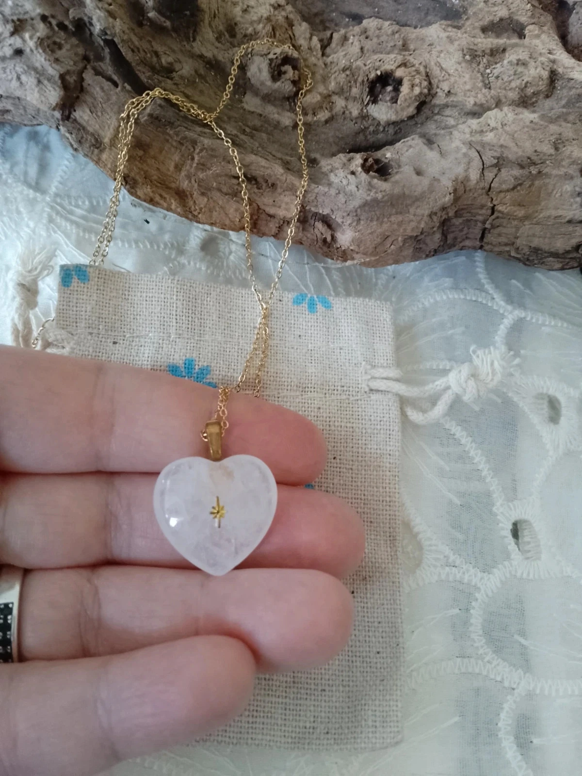 Colar boêmio coração em pedra de cristal de quartzo branco com estrela do Norte – photo 2